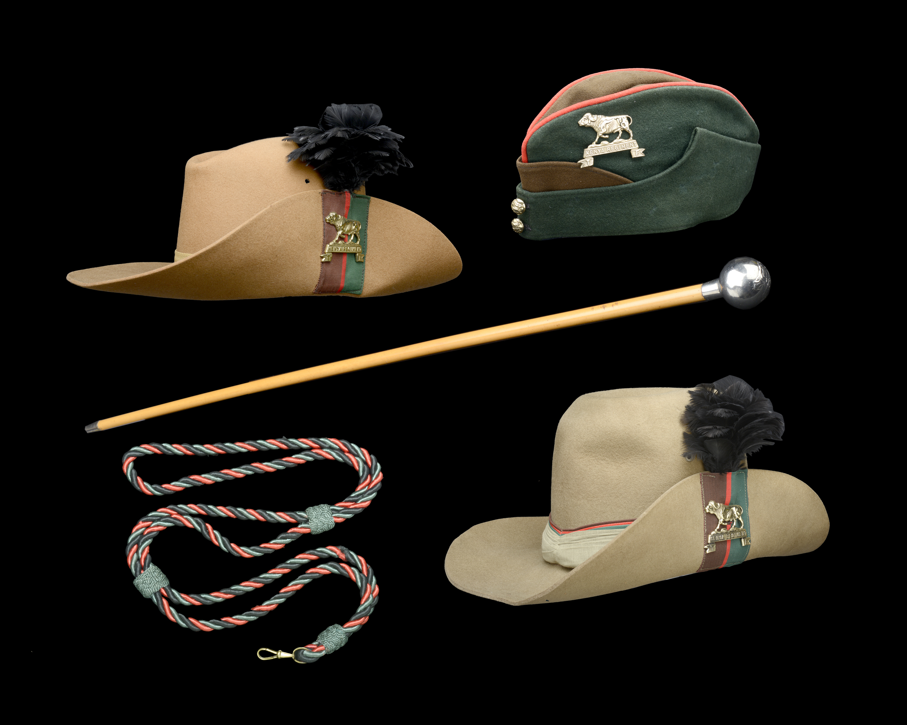 Kenya Regiment slouch hat, field cap, stick and lanyard.